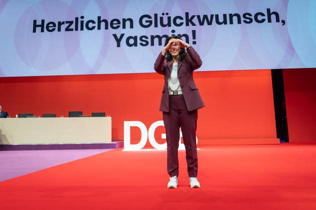 Re-elected DGB Federal Chairwoman Yasmin Fahimi on stage directly after the announcement of her election result with 96.1 DGB Federal Congress 2026 in Berlin German Trade Union Confederation, Berlin Berlin Germany Hotel Estrel