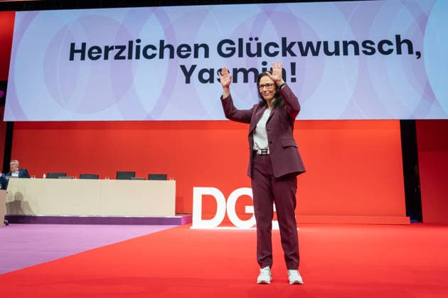 Re-elected DGB Federal Chairwoman Yasmin Fahimi on stage directly after the announcement of her election result with 96.1 DGB Federal Congress 2026 in Berlin German Trade Union Confederation, Berlin Berlin Germany Hotel Estrel