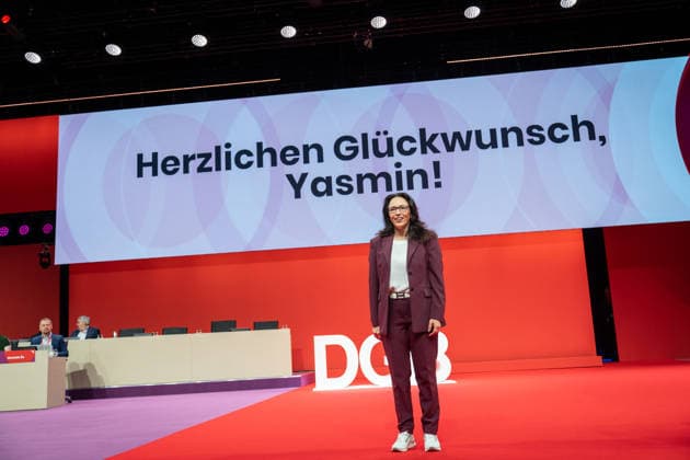 Re-elected DGB Federal Chairwoman Yasmin Fahimi on stage directly after the announcement of her election result with 96.1 DGB Federal Congress 2026 in Berlin German Trade Union Confederation, Berlin Berlin Germany Hotel Estrel