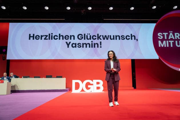 Re-elected DGB Federal Chairwoman Yasmin Fahimi on stage directly after the announcement of her election result with 96.1 DGB Federal Congress 2026 in Berlin German Trade Union Confederation, Berlin Berlin Germany Hotel Estrel