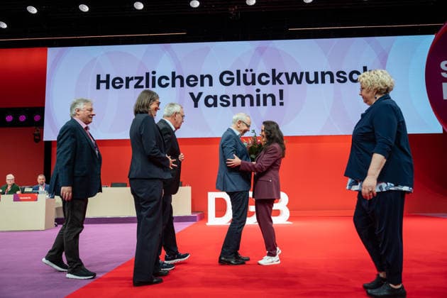 Re-elected DGB Federal Chairwoman Yasmin Fahimi on stage directly after the announcement of her election result with 96.1 DGB Federal Congress 2026 in Berlin German Trade Union Confederation, Berlin Berlin Germany Hotel Estrel