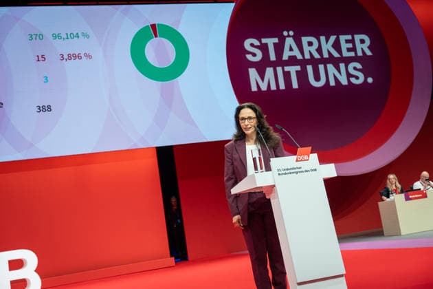 Re-elected DGB Federal Chairwoman Yasmin Fahimi on stage directly after the announcement of her election result with 96.1 DGB Federal Congress 2026 in Berlin German Trade Union Confederation, Berlin Berlin Germany Hotel Estrel