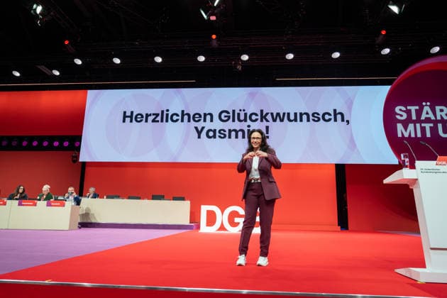 Re-elected DGB Federal Chairwoman Yasmin Fahimi on stage directly after the announcement of her election result with 96.1 DGB Federal Congress 2026 in Berlin German Trade Union Confederation, Berlin Berlin Germany Hotel Estrel