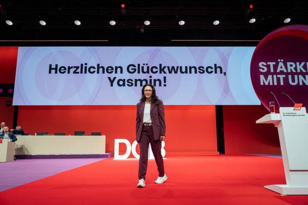 Re-elected DGB Federal Chairwoman Yasmin Fahimi on stage directly after the announcement of her election result with 96.1 DGB Federal Congress 2026 in Berlin German Trade Union Confederation, Berlin Berlin Germany Hotel Estrel
