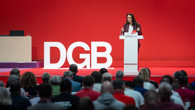 DGB Federal Chairwoman Yasmin Fahimi during her candidacy speech for the upcoming re-election on stage at the DGB Federal Congress 2026 in Berlin German Trade Union Confederation, Berlin Berlin Germany Hotel Estrel