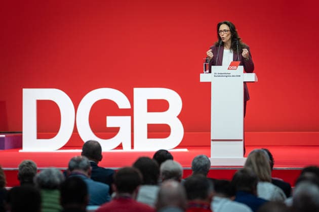 DGB Federal Chairwoman Yasmin Fahimi during her candidacy speech for the upcoming re-election on stage at the DGB Federal Congress 2026 in Berlin German Trade Union Confederation, Berlin Berlin Germany Hotel Estrel