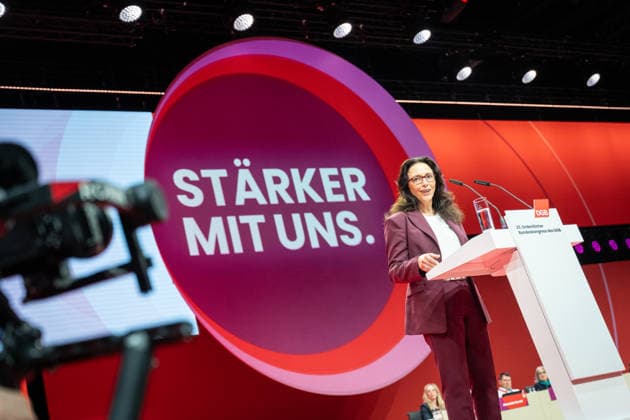 DGB Federal Chairwoman Yasmin Fahimi during her candidacy speech for the upcoming re-election on stage at the DGB Federal Congress 2026 in Berlin German Trade Union Confederation, Berlin Berlin Germany Hotel Estrel