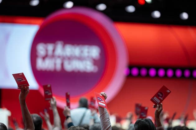 DGB Federal Chairwoman Yasmin Fahimi during her candidacy speech for the upcoming re-election on stage at the DGB Federal Congress 2026 in Berlin German Trade Union Confederation, Berlin Berlin Germany Hotel Estrel