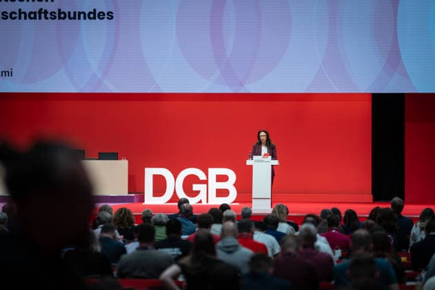 DGB Federal Chairwoman Yasmin Fahimi during her candidacy speech for the upcoming re-election on stage at the DGB Federal Congress 2026 in Berlin German Trade Union Confederation, Berlin Berlin Germany Hotel Estrel