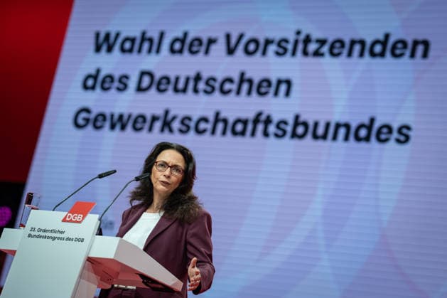 DGB Federal Chairwoman Yasmin Fahimi during her candidacy speech for the upcoming re-election on stage at the DGB Federal Congress 2026 in Berlin German Trade Union Confederation, Berlin Berlin Germany Hotel Estrel