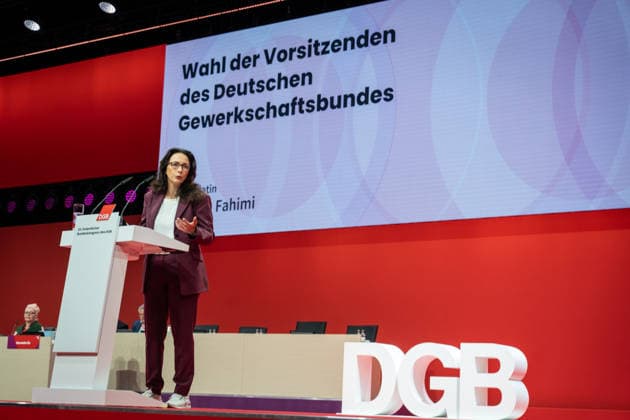 DGB Federal Chairwoman Yasmin Fahimi during her candidacy speech for the upcoming re-election on stage at the DGB Federal Congress 2026 in Berlin German Trade Union Confederation, Berlin Berlin Germany Hotel Estrel