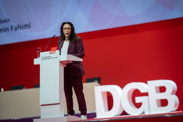 DGB Federal Chairwoman Yasmin Fahimi during her candidacy speech for the upcoming re-election on stage at the DGB Federal Congress 2026 in Berlin German Trade Union Confederation, Berlin Berlin Germany Hotel Estrel
