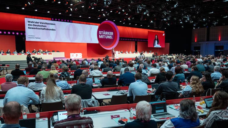 DGB Federal Chairwoman Yasmin Fahimi during her candidacy speech for the upcoming re-election on stage at the DGB Federal Congress 2026 in Berlin German Trade Union Confederation, Berlin Berlin Germany Hotel Estrel