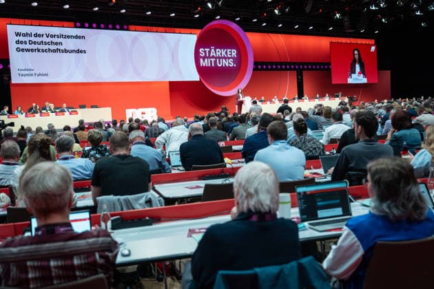 DGB Federal Chairwoman Yasmin Fahimi during her candidacy speech for the upcoming re-election on stage at the DGB Federal Congress 2026 in Berlin German Trade Union Confederation, Berlin Berlin Germany Hotel Estrel