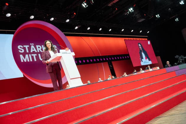 DGB Federal Chairwoman Yasmin Fahimi during her candidacy speech for the upcoming re-election on stage at the DGB Federal Congress 2026 in Berlin German Trade Union Confederation, Berlin Berlin Germany Hotel Estrel