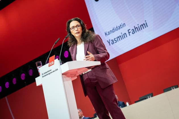 DGB Federal Chairwoman Yasmin Fahimi during her candidacy speech for the upcoming re-election on stage at the DGB Federal Congress 2026 in Berlin German Trade Union Confederation, Berlin Berlin Germany Hotel Estrel