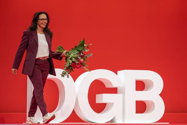 Re-elected DGB Federal Chairwoman Yasmin Fahimi on stage at the DGB Federal Congress 2026 in Berlin German Trade Union Confederation, Berlin Berlin Germany Hotel Estrel