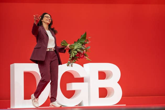Re-elected DGB Federal Chairwoman Yasmin Fahimi on stage at the DGB Federal Congress 2026 in Berlin German Trade Union Confederation, Berlin Berlin Germany Hotel Estrel