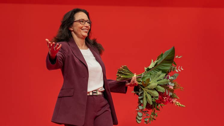 Re-elected DGB Federal Chairwoman Yasmin Fahimi on stage at the DGB Federal Congress 2026 in Berlin German Trade Union Confederation, Berlin Berlin Germany Hotel Estrel
