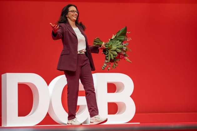 Re-elected DGB Federal Chairwoman Yasmin Fahimi on stage at the DGB Federal Congress 2026 in Berlin German Trade Union Confederation, Berlin Berlin Germany Hotel Estrel