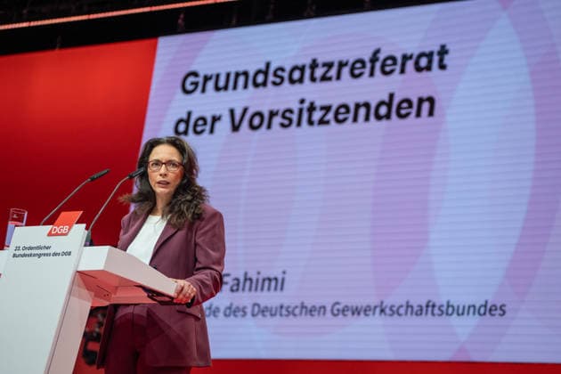 Re-elected DGB Federal Chairwoman Yasmin Fahimi gives her keynote speech DGB Federal Congress 2026 in Berlin German Trade Union Confederation, Berlin Berlin Germany Hotel Estrel