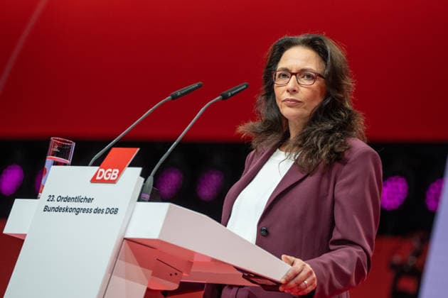 Re-elected DGB Federal Chairwoman Yasmin Fahimi gives her keynote speech DGB Federal Congress 2026 in Berlin German Trade Union Confederation, Berlin Berlin Germany Hotel Estrel