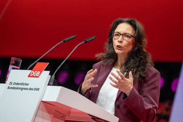 Re-elected DGB Federal Chairwoman Yasmin Fahimi gives her keynote speech DGB Federal Congress 2026 in Berlin German Trade Union Confederation, Berlin Berlin Germany Hotel Estrel