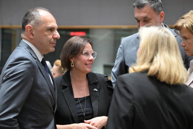 Foreign Affairs Council in Brussels BRUSSELS, BELGIUM - MAY 11: Swedish Foreign Minister Maria Malmer Stenergard (2nd L), and Greek Foreign Minister Giorgos Gerapetritis (L) attend the Foreign Affairs Council, which will focus on Western Balkans, Ukraine and Syria, in Brussels, Belgium on May 11, 2026. Dursun Aydemir Anadolu Brussels Belgium. Editorial use only. Please get in touch for any other usage.  Copyright: x2026xAnadoluxDursunxAydemirx