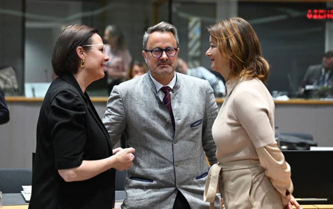 Foreign Affairs Council in Brussels BRUSSELS, BELGIUM - MAY 11: Swedish Foreign Minister Maria Malmer Stenergard (L), Luxembourg s Minister of Foreign Affairs, Xavier Bettel (C), and Slovenian Minister of Foreign and European Affairs Tanja Fajon (R) attend the Foreign Affairs Council, which will focus on Western Balkans, Ukraine and Syria, in Brussels, Belgium on May 11, 2026. Dursun Aydemir Anadolu Brussels Belgium. Editorial use only. Please get in touch for any other usage.  Copyright: x2026xAnadoluxDursunxAydemirx