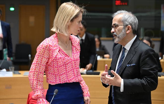 Foreign Affairs Council in Brussels BRUSSELS, BELGIUM - MAY 11: Portuguese Foreign Minister Paulo Rangel (R) and EU High Representative for Foreign Affairs and Security Policy, Kaja Kallas (L) attend the Foreign Affairs Council, which will focus on Western Balkans, Ukraine and Syria, in Brussels, Belgium on May 11, 2026. Dursun Aydemir Anadolu Brussels Belgium. Editorial use only. Please get in touch for any other usage.  Copyright: x2026xAnadoluxDursunxAydemirx