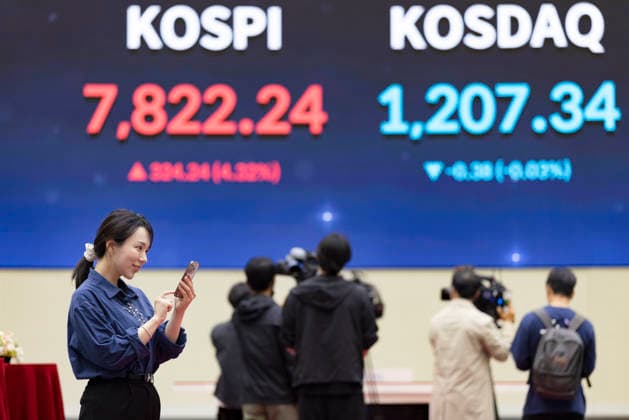 South Korea™s KOSPI Index Surges To Record High Above 7,800 Points An electronic scoreboard at the Korea Exchange (KRX) in the Yeouido financial district of Seoul, South Korea, displays the KOSPI index closing at a record 7,822.24 on May 11, 2026. The benchmark index rises 324.24 points, or 4.32 percent, marking its first-ever finish above the 7,800 level, while the tech-heavy KOSDAQ falls 0.38 points, or 0.03 percent, to close at 1,207.34. Seoul Seoul South Korea Copyright: xChrisxJungx originalFilename: jung-southkor260511_npMwP.jpg