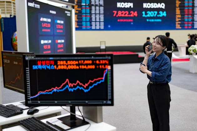 South Korea™s KOSPI Index Surges To Record High Above 7,800 Points An electronic scoreboard at the Korea Exchange (KRX) in the Yeouido financial district of Seoul, South Korea, displays the KOSPI index closing at a record 7,822.24 on May 11, 2026. The benchmark index rises 324.24 points, or 4.32 percent, marking its first-ever finish above the 7,800 level, while the tech-heavy KOSDAQ falls 0.38 points, or 0.03 percent, to close at 1,207.34. Seoul Seoul South Korea Copyright: xChrisxJungx originalFilename: jung-southkor260511_np4ca.jpg