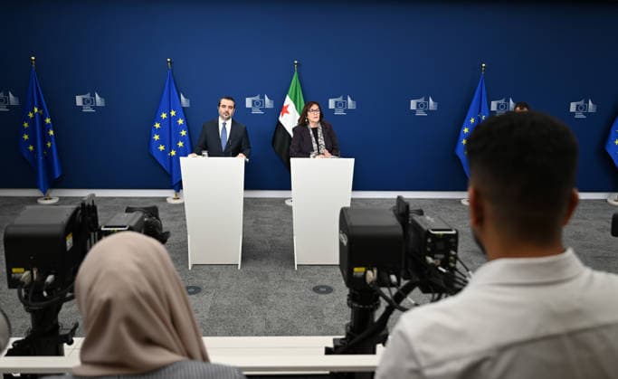 Dubravka Suica - Asad Hassan Sheybani meeting in Brussels BRUSSELS, BELGIUM - MAY 11: European Commission member responsible for the Mediterranean Dubravka Suica and Syrian Foreign Minister Asad Hassan Sheybani hold a joint press conference within the Syria Partnership Coordination Forum held in Brussels, Belgium on May 11, 2026. Dursun Aydemir Anadolu Brussels Belgium. Editorial use only. Please get in touch for any other usage.  Copyright: x2026xAnadoluxDursunxAydemirx