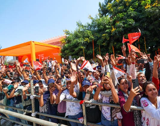 People wave and click pictures during a roadshow by Prime Minister Narendra Modi Gir Somnath, May 11 (ANI): People wave and click pictures during a roadshow by Prime Minister Narendra Modi (unseen) on the occasion of Somnath Amrut Mahotsav, celebrating 75 years of the inauguration of the restored Somnath temple, in Gir Somnath on Monday. (DPR PMO ANI Photo) Gir Somnath Gujarat India Copyright: xANIx ANI_20260511128
