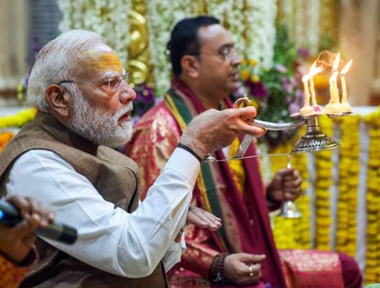 PM Modi performs aarti on the occasion of Somnath Amrut Mahotsav Gir Somnath, May 11 (ANI): Prime Minister Narendra Modi performs aarti on the occasion of Somnath Amrut Mahotsav, celebrating 75 years of the inauguration of the restored Somnath temple, in Gir Somnath on Monday. (DPR PMO ANI Photo) Gir Somnath Gujarat India Copyright: xANIx ANI_20260511191