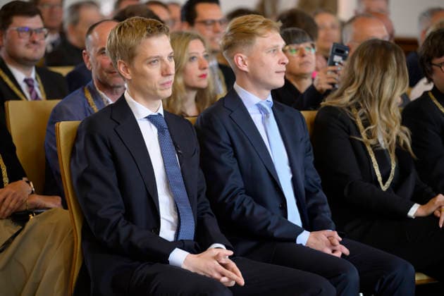 From left Mayor Dominik Krause and his friend Sebastian Müller, next to them Mona Fuchs Greens Festive opening session of the City Council of the City of Munich term of office 2026 to 2032 in the ballroom of the old City Hall, Munich 11 05 2026