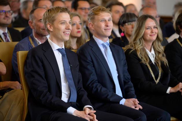 From left Mayor Dominik Krause and his friend Sebastian Müller, next to them Mona Fuchs Greens Festive opening session of the City Council of the City of Munich term of office 2026 to 2032 in the ballroom of the old City Hall, Munich 11 05 2026