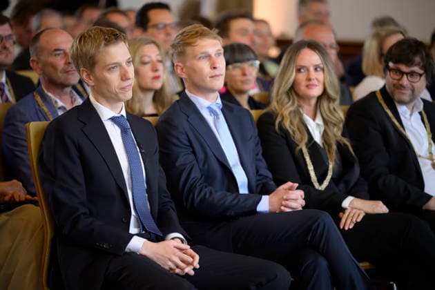 From left Mayor Dominik Krause and his friend Sebastian Müller, next to them Mona Fuchs Greens Festive opening session of the City Council of the City of Munich term of office 2026 to 2032 in the ballroom of the old City Hall, Munich 11 05 2026