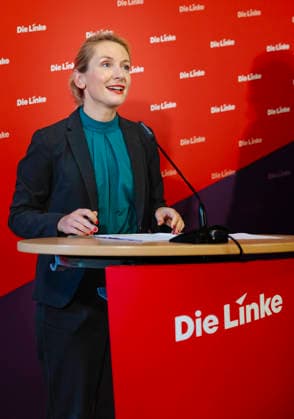 Ines Schwerdtner, Chairwoman of the Left Party, at a press conference in Berlin, 11 05 2026 Berlin Germany Copyright: xYonaxElsnerx