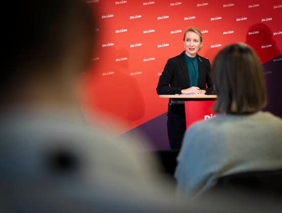 Ines Schwerdtner, Chairwoman of the Left Party, at a press conference in Berlin, 11 05 2026 Berlin Germany Copyright: xYonaxElsnerx