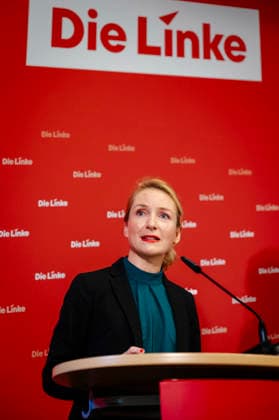 Ines Schwerdtner, Chairwoman of the Left Party, at a press conference in Berlin, 11 05 2026 Berlin Germany Copyright: xYonaxElsnerx