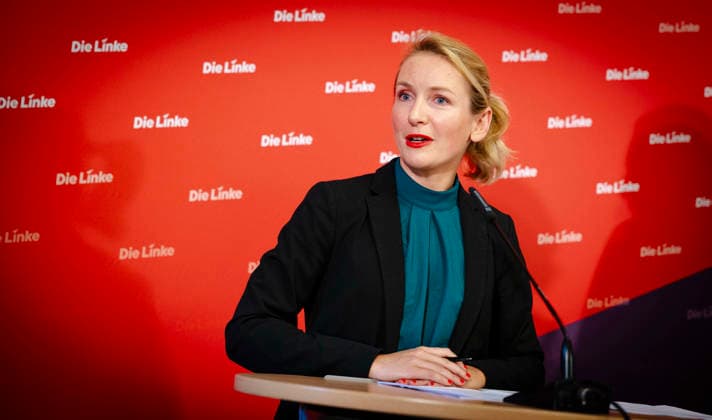 Ines Schwerdtner, Chairwoman of the Left Party, at a press conference in Berlin, 11 05 2026 Berlin Germany Copyright: xYonaxElsnerx