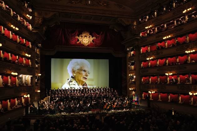 May 11, 2026, Milan, Rome, Italy: Maestro Riccardo Chally conducts the concert for the eightieth anniversary of the reopening of Teatro alla Scala, with a projected image of Senator Liliana Segre, Milan, May 11, 2026. Milan Italy  - ZUMAa289 20260511_zia_a289_077 Copyright: xBresciaxExAmisano UfficioxStampax