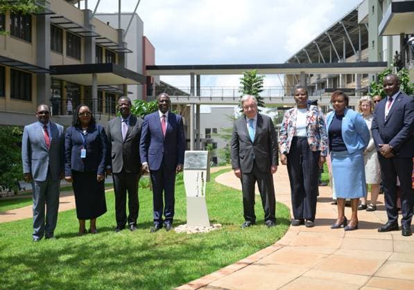 (260511) -- NAIROBI, May 11, 2026 -- United Nations Secretary-General Antonio Guterres (5th L) and Kenyan President William Ruto (4th L) attend a groundbreaking ceremony at the United Nations Office at Nairobi (UNON) in Nairobi, Kenya, May 11, 2026. United Nations Secretary-General Antonio Guterres and Kenyan President William Ruto on Monday launched a 340-million-U.S.-dollar expansion project at the United Nations Office at Nairobi (UNON). Once completed by 2029, the expansion project will position Nairobi as the third-largest UN global hub after New York and Geneva, with Vienna retaining the fourth position. ) KENYA-NAIROBI-UN-EXPANSION PROJECT-LAUNCH YangxGuang 