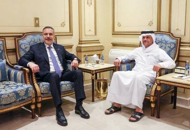 Turkish Foreign Minister Hakan Fidan in Qatar DOHA, QATAR - MAY 11: (----EDITORIAL USE ONLY - MANDATORY CREDIT - TURKISH MINISTRY OF FOREIGN AFFAIRS HANDOUT - NO MARKETING NO ADVERTISING CAMPAIGNS - DISTRIBUTED AS A SERVICE TO CLIENTS----) Turkish Foreign Minister Hakan Fidan (L) meets with Qatar’s Deputy Prime Minister and Minister of State for Defense Affairs, Sheikh Saoud bin Abdulrahman bin Hassan bin Ali Al Thani (R), during his visit to Doha, Qatar, on May 11, 2026. Turkish Foreign Ministry Handout Anadolu Doha Qatar. Editorial use only. Please get in touch for any other usage.  Copyright: x2026xAnadoluxTurkishxForeignxMinistryx xHandoutx