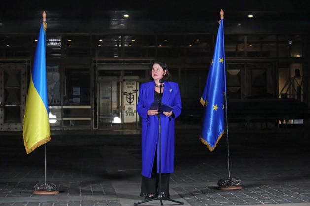 RECORD DATE NOT STATED Ambassador of the European Union to Ukraine Katarina Mathernova attends a ceremony illuminating the Motherland Monument in EU flag colors to mark Europe Day, Kyiv, Ukraine, on May 9, 2026 (Photo by Pavlo Bahmut Ukrinform) Motherland Monument illuminated in EU colors on Europe Day  Copyright: xPavloxBahmutx