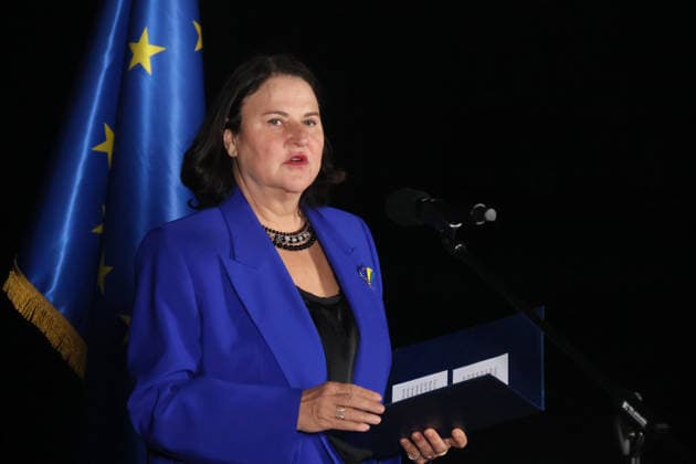 RECORD DATE NOT STATED Ambassador of the European Union to Ukraine Katarina Mathernova attends a ceremony illuminating the Motherland Monument in EU flag colors to mark Europe Day, Kyiv, Ukraine, on May 9, 2026 (Photo by Pavlo Bahmut Ukrinform) Motherland Monument illuminated in EU colors on Europe Day  Copyright: xPavloxBahmutx