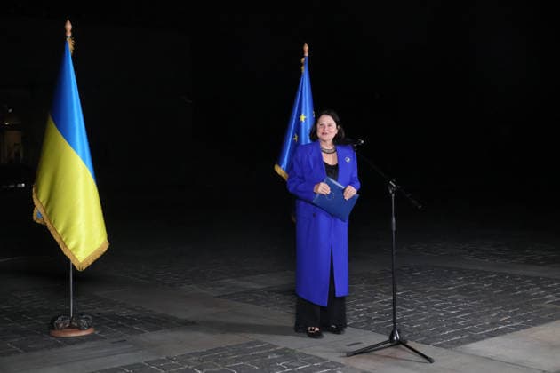 RECORD DATE NOT STATED Ambassador of the European Union to Ukraine Katarina Mathernova attends a ceremony illuminating the Motherland Monument in EU flag colors to mark Europe Day, Kyiv, Ukraine, on May 9, 2026 (Photo by Pavlo Bahmut Ukrinform) Motherland Monument illuminated in EU colors on Europe Day  Copyright: xPavloxBahmutx