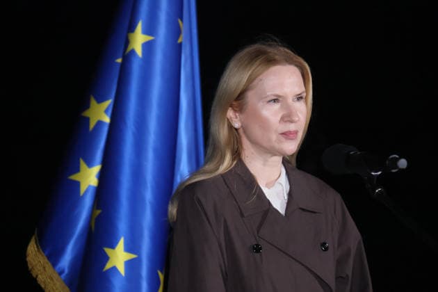 RECORD DATE NOT STATED Deputy Chairperson of the Verkhovna Rada of Ukraine Olena Kondratiuk participates in the illumination ceremony of the Motherland Monument in the colors of the European Union flag during Europe Day celebrations, Kyiv, Ukraine, on May 9, 2026 (Photo by Pavlo Bahmut Ukrinform) Motherland Monument illuminated in EU colors on Europe Day  Copyright: xPavloxBahmutx