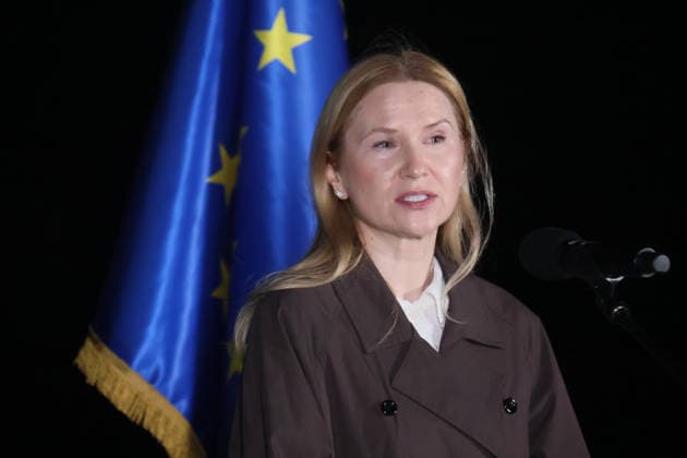 RECORD DATE NOT STATED Deputy Chairperson of the Verkhovna Rada of Ukraine Olena Kondratiuk participates in the illumination ceremony of the Motherland Monument in the colors of the European Union flag during Europe Day celebrations, Kyiv, Ukraine, on May 9, 2026 (Photo by Pavlo Bahmut Ukrinform) Motherland Monument illuminated in EU colors on Europe Day  Copyright: xPavloxBahmutx